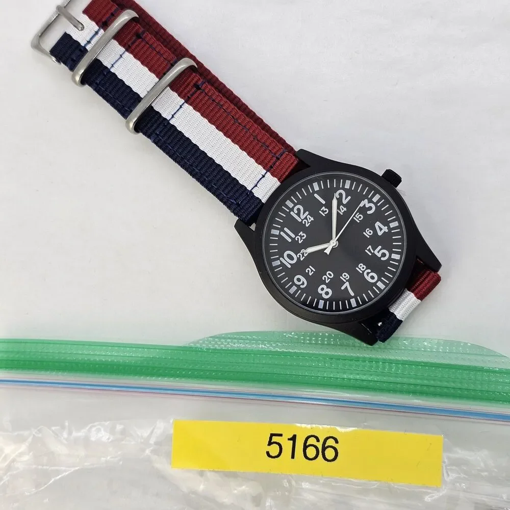 Men's 42MM Field Watch‎ Black Dial Blue White Red Canvas Band Straps New Battery